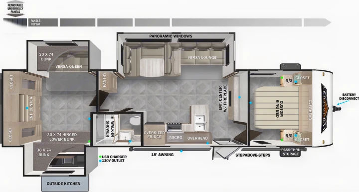 Detailed RV rental floor plan showing multiple sleeping areas, kitchen, bathroom, and living spaces for a spacious travel experience.. Forest River Wildwood 2021