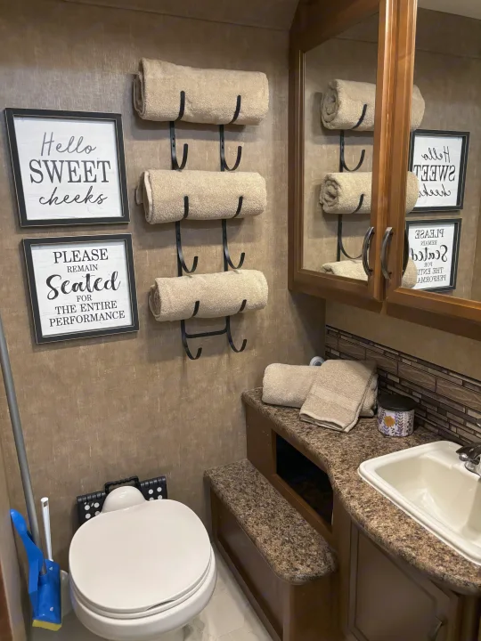 Cozy & humorous RV rental bathroom features a toilet, sink, mirrored cabinet, rolled towels, and fun signs.. Thor Four Winds 2014