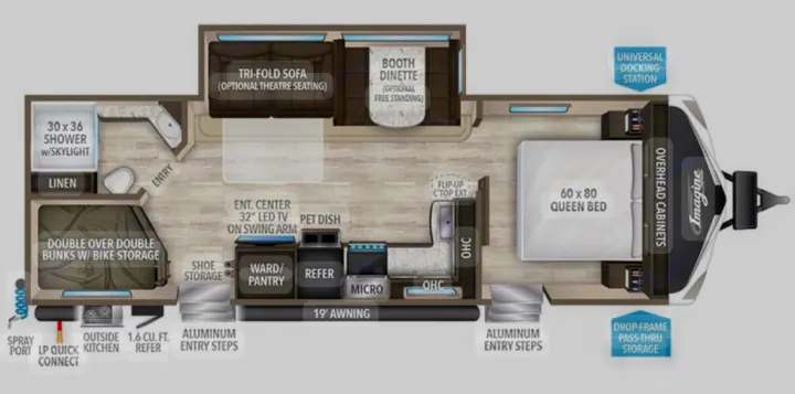 RV rental floor plan: This detailed interior layout features a queen bed, bunk beds, kitchen, bathroom, and ample storage.. Grand Design Imagine 2020