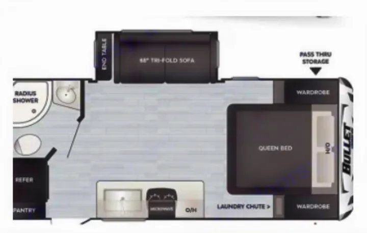 RV rental: Bullet travel trailer floor plan featuring a queen bed, tri-fold sofa, kitchen, radius shower, and storage.. Keystone RV Bullet Crossfire 2023