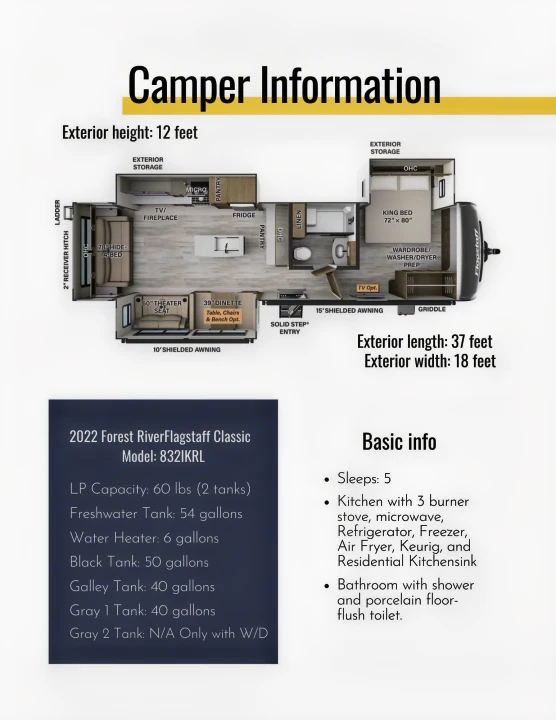 Explore this 2022 Forest River Flagstaff Classic 832IKRL RV rental's detailed floor plan and key specifications.. Forest River Flagstaff Classic 2022
