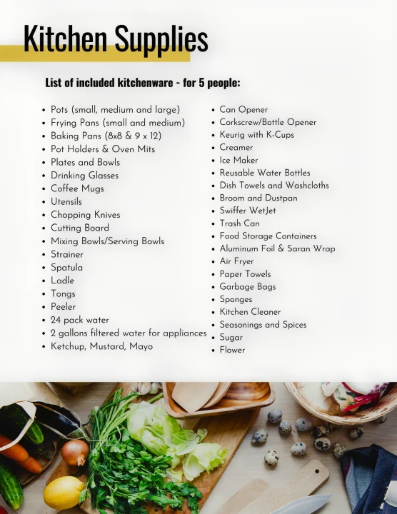 RV rental kitchen supplies: A detailed list of kitchenware for 5 people, with fresh groceries and cutting boards visible.. Forest River Flagstaff Classic 2022