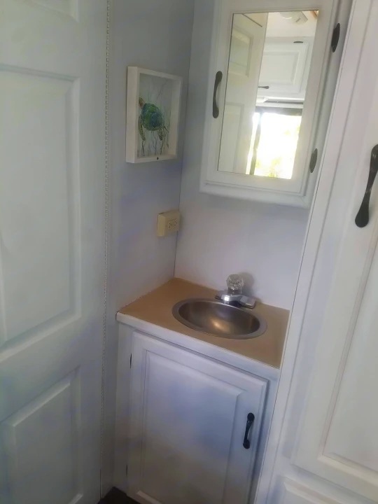 Bright, compact RV rental bathroom with a sink, white vanity, mirrored medicine cabinet, and turtle wall art.. four winds majestic 2004