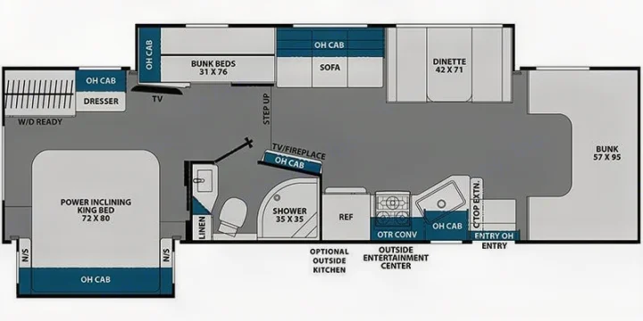 Detailed RV rental floor plan showcasing interior layout: king bed, bunk beds, kitchen, dinette, and bathroom.. Coachmen Entourage 2025