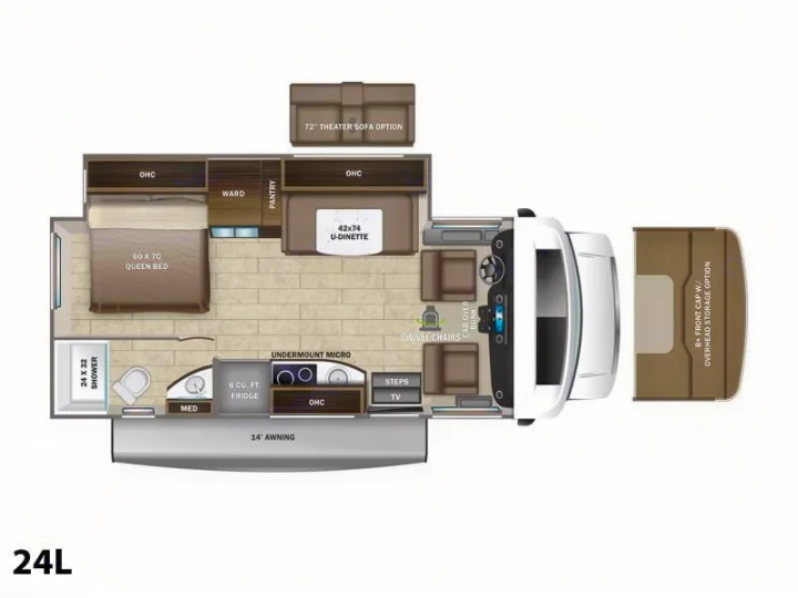Detailed RV motorhome rental floor plan: 24L model with queen bed, U-dinette, kitchen, and shower layout.. Entegra Coach Qwest 24L 2024