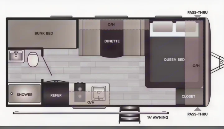 RV rental floor plan: A top-down view showing bunk beds, queen bed, dinette, full kitchen, and bath with shower.. Keystone Springdale 1800BH 2024