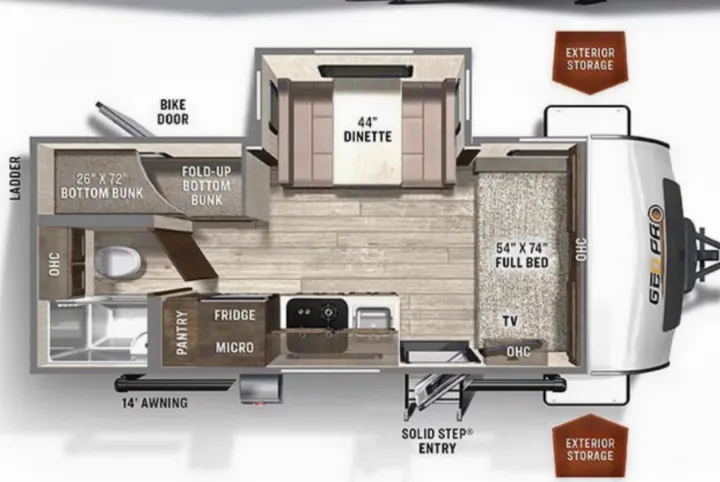 RV rental floor plan detailing interior layout: bunks, 44" dinette, 54x74" full bed, kitchen, bath, and exterior storage.. Forest River Rockwood Geo Pro 2021