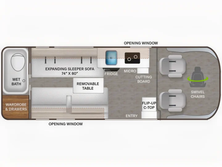 RV rental floor plan: compact interior with wet bath, expanding sofa, kitchen area, and swivel chairs.. Thor Dazzle 2024