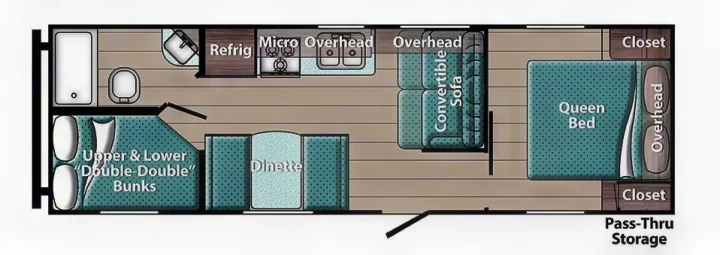 RV rental floor plan: Spacious layout with queen bed, bunk beds, kitchen, dinette, and full bath.. Gulf Stream Trailmaster 2024