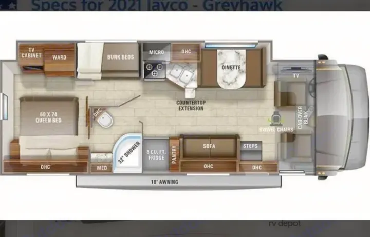 This 2021 Jayco Greyhawk RV rental floor plan shows a spacious motorhome layout with a queen bed, bunks, kitchen, and dinette.. Jayco Greyhawk 2021