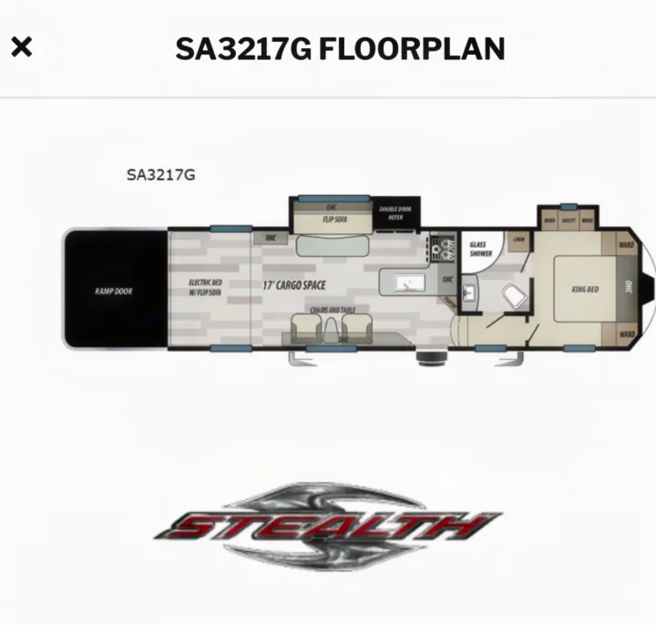 Stealth SA3217G RV floorplan for rv rental, detailing cargo space, kitchen, bath, and king bed areas. Ideal for planning.. Forest River Stealth 2020
