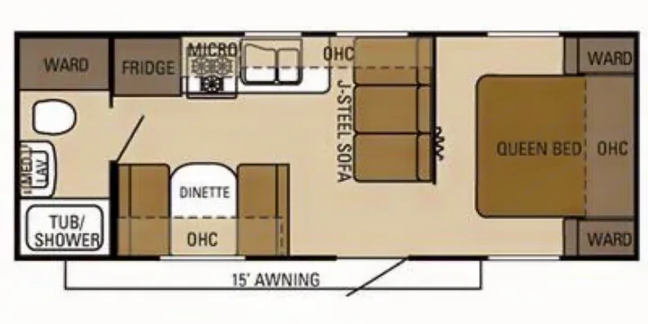 RV rental floor plan showing kitchen, dinette, queen bed, bathroom with tub/shower, storage, and 15' awning layout.. Starcraft Autumn Ridge 2014