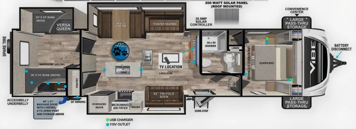 Detailed RV rental floor plan, illustrating its spacious layout with queen bed, bunk beds, full kitchen, and multiple living areas.. Forest River Vibe 2020