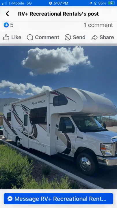 A white Four Winds RV, perfect for recreational travels, is shown. Get this RV rental from RV+ Recreational Rentals!. Thor Motor Coach Four Winds 2021
