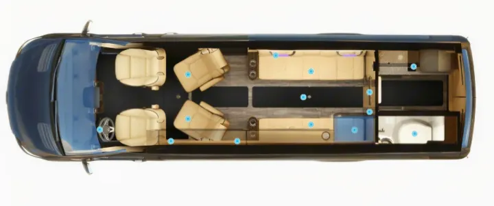 Top-down view of a spacious rv rental interior, featuring plush seating, a well-appointed kitchen, and a private bathroom.. Ultimate Toys SPRINTER 2025