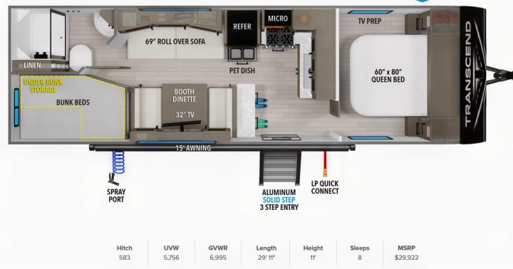 Explore this 8-sleeper RV rental floor plan showcasing a queen bed, bunks, kitchen, bath, and key specs.. Grand Design Transcend Xplor 2022