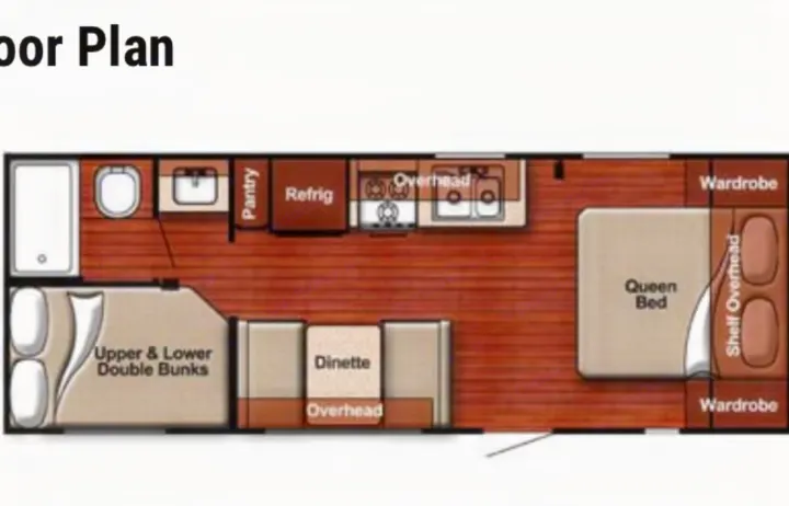 RV rental floor plan: queen bed, double bunks, kitchen, dinette, and full bathroom. Ideal for family trips.. Gulf Stream Amerilite 2015