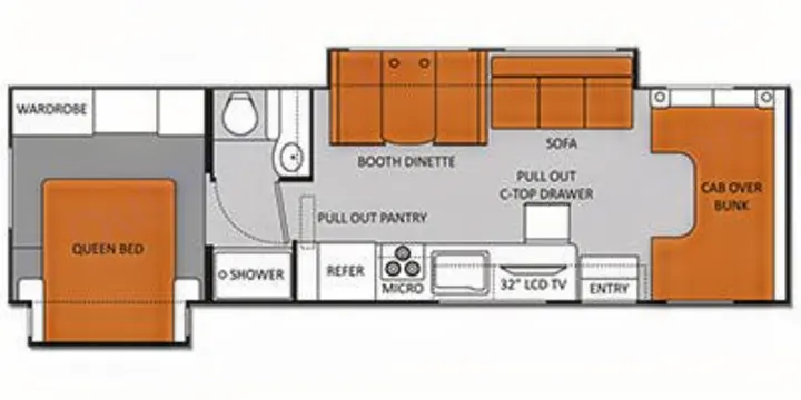 This RV rental floor plan shows a spacious layout with a queen bed, dinette, kitchen, bath, and cab over bunk.. Thor Four Winds 2014