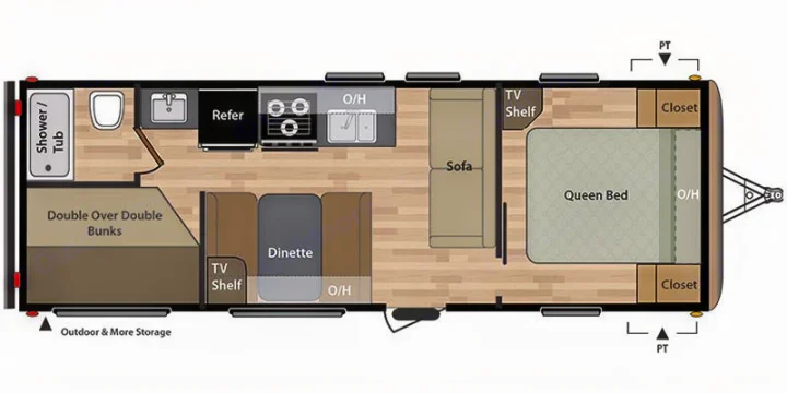 Explore this RV rental's detailed floorplan: kitchen, bath, dinette, queen bed, bunk beds, and storage.. Keystone RV Springdale Eco-Lite 2018