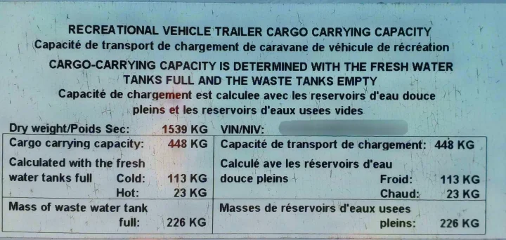 RV rental capacity label: dry weight, cargo, & water tank limits shown for safe loading.. Coachmen Apex Nano 2018