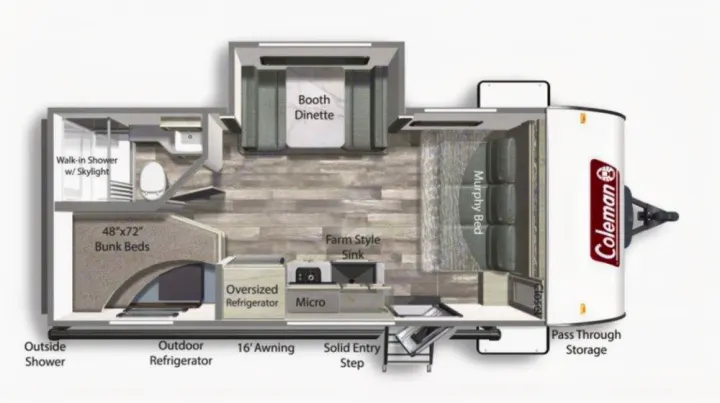 Discover this Coleman RV rental floor plan featuring bunk beds, a Murphy bed, booth dinette, kitchen, and walk-in shower.. Dutchmen Coleman 1905BH 2024