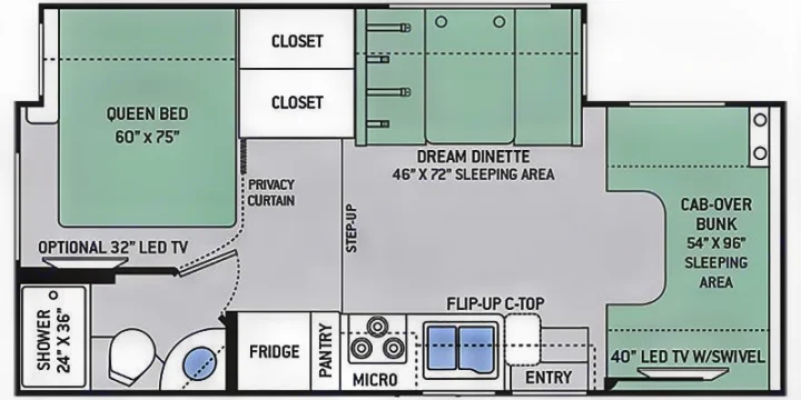 RV rental floor plan: See the interior layout with queen bed, dinette, bunk, kitchen, and bath amenities.. Thor Chateau 2019