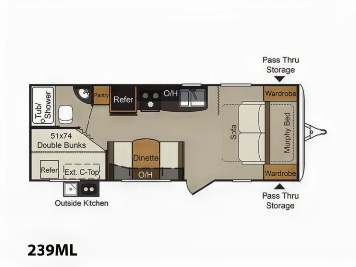 This RV rental floorplan (239ML) details the interior layout with bunk beds, kitchen, dinette, sofa, Murphy bed, and outside kitchen.. Keystone RV Passport Ultra Lite 2018