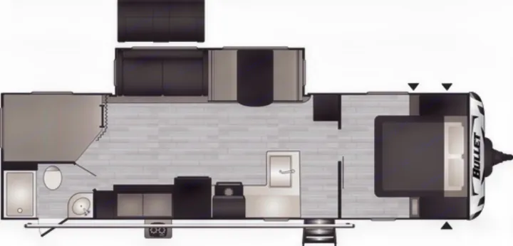 This detailed RV rental floor plan depicts a travel trailer's interior layout, featuring bedroom, kitchen, and living areas.. Keystone RV Bullet Ultra Lite 2021