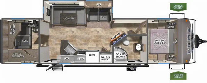 This RV rental floorplan details a spacious Puma travel trailer, featuring queen & bunk beds, kitchen, and bath. Ideal for families.. Palomino Puma 2022