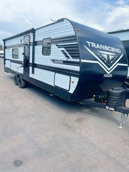 Black & white Grand Design Transcend Xplor travel trailer. Ideal for your next rv rental adventure!. Grand Design Transcend Xplor 2024