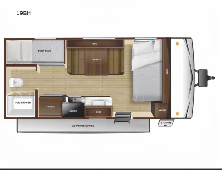 Explore this 19BH RV rental floor plan: master bed, bunks, kitchen, dinette, and full bathroom layout for your next adventure.. Highland Ridge Open Range 2025
