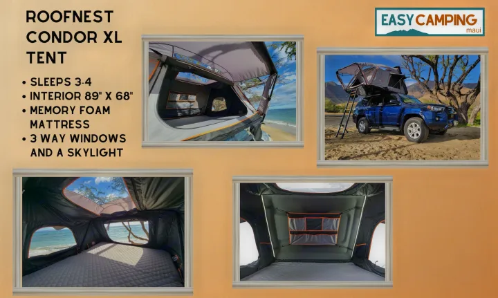 RV rental: A blue SUV fitted with a Roofnest Condor XL rooftop tent for camping adventures in Maui.. Toyota Tacoma 2017