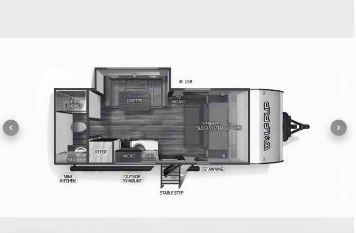 Wolf Pup travel trailer floor plan, perfect for your next rv rental, featuring kitchen, bath, dinette, and bed.. Forest River Cherokee Wolf Pup 16KHWBL 2024
