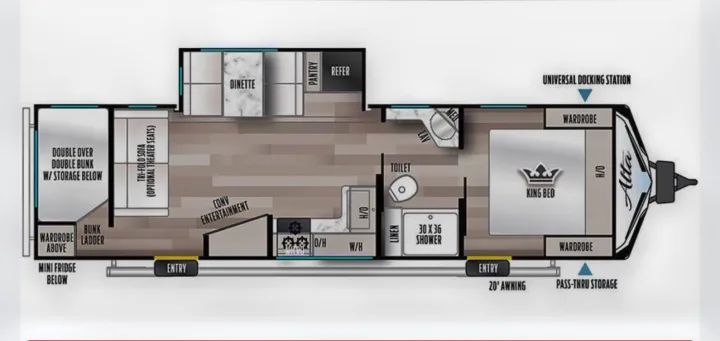 RV rental floor plan: detailed layout featuring double bunks, king bed, dinette, kitchen, and bathroom spaces.. East to West Alta 2022