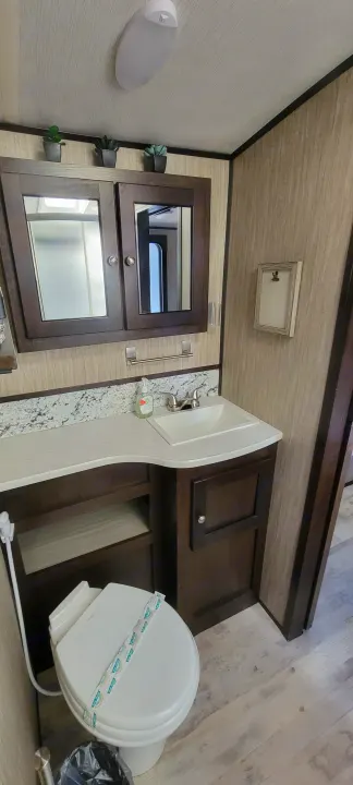 RV rental bathroom: A compact space featuring a sink, toilet with sanitary band, and mirrored wall cabinet.. Heartland Sundance 2019
