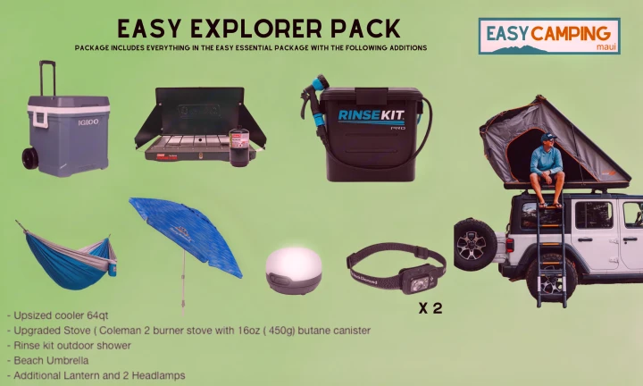 Easy Explorer Pack RV rental for camping: Jeep with roof-top tent, cooler, stove, shower, and more essential gear.. Jeep Jeep Wrangler Overland 2017