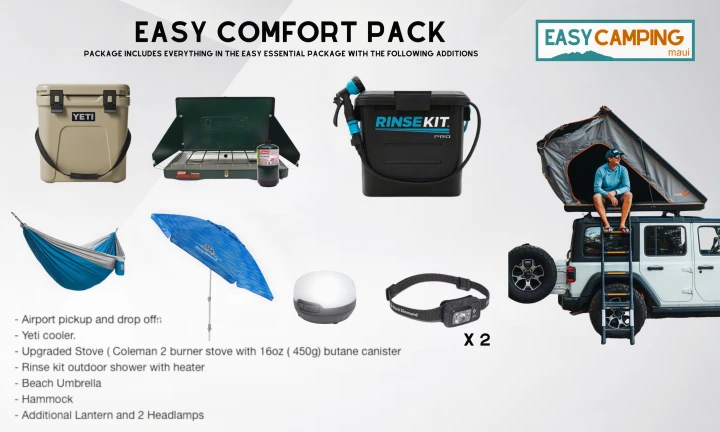 Experience easy RV rental camping with this comfort pack: Yeti cooler, stove, shower, and roof tent equipped Jeep.. Toyota Tacoma 2017