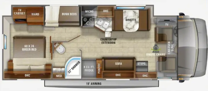 RV rental floor plan: queen bed, bunk beds, kitchen, bath, dinette, sofa. Spacious layout for family travel.. Jayco Greyhawk 2021