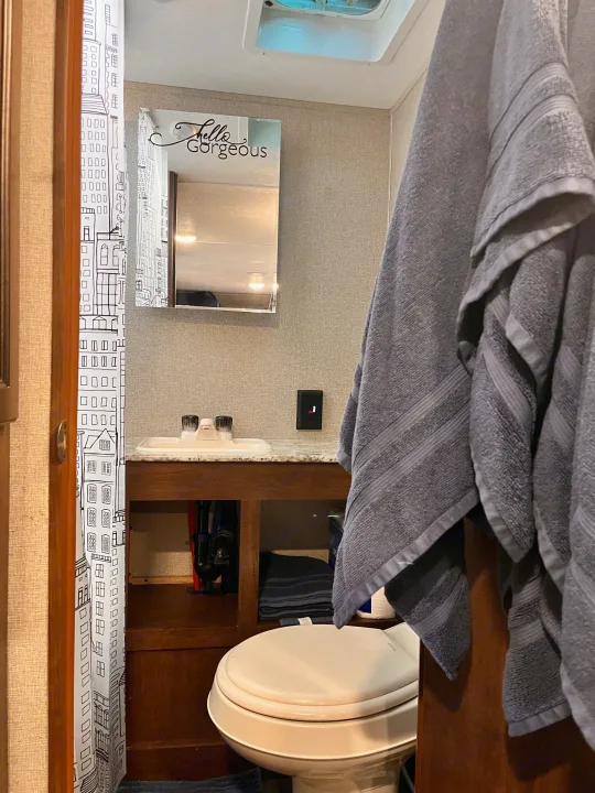 Inside an RV rental: a compact bathroom with sink, toilet, 'Hello Gorgeous' mirror, and stylish city-themed shower curtain.. Keystone RV Hideout 2017