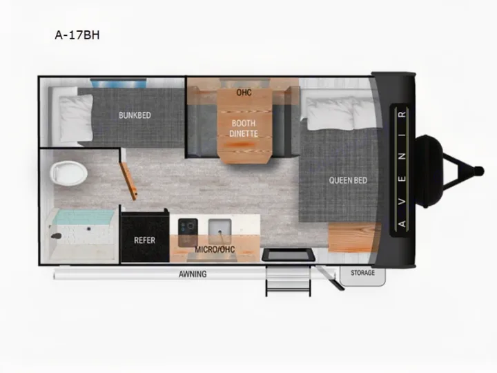 A-17BH RV rental floor plan: queen bed, bunk beds, booth dinette, kitchen & bath shown for this compact travel trailer.. Cruiser RV Avenir 2024