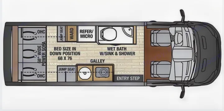 RV rental floor plan showcasing a camper van interior with galley, wet bath, and convertible sofa bed.. Forest River Coachmen Crossfit 2018