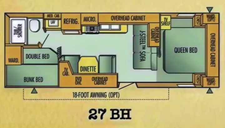 Detailed floor plan of a 27 BH RV rental, showing a spacious interior with queen, double, and bunk beds, dinette, and kitchen.. Jayco Jay Flight 2005