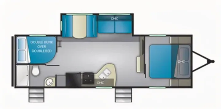 Detailed RV rental floor plan shows a spacious travel trailer interior with bunks, master bed, kitchen, and bath.. Heartland RVs Pioneer 2019
