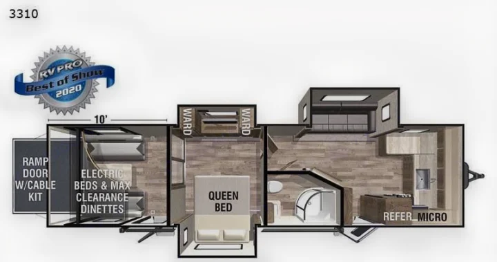 RV rental floor plan 3310: toy hauler layout with queen bed, rear ramp/beds, bath, and kitchen. Awarded Best of Show 2020.. Forest River XLR Hyperlite HD 2020