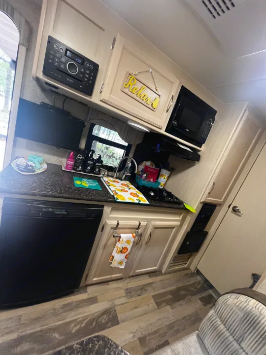 Inside this RV rental, find a compact kitchen with sink, microwave, TV, fridge, and entertainment system. Perfect for travel.. Minnie Micro Minnie 2018