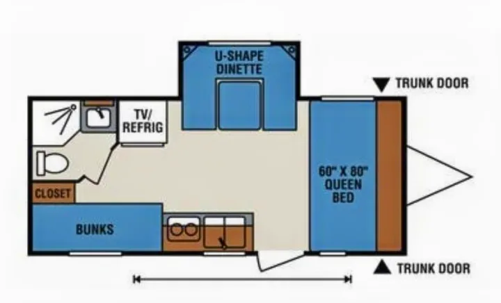 Detailed RV rental floor plan shows a U-shape dinette, queen bed, bunks, and a compact kitchen/bathroom layout.. Spree Escape 2016