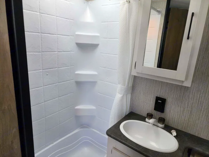 Clean RV rental bathroom featuring a white shower with built-in shelves, oval sink, and mirrored medicine cabinet.. Palomino Puma 2022