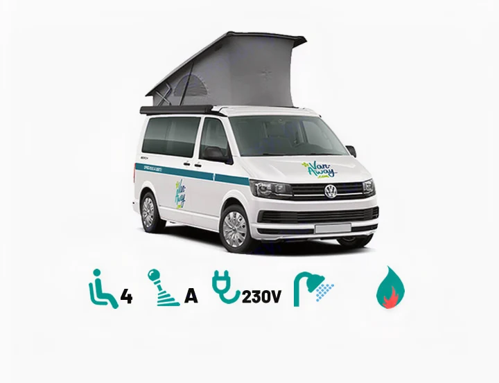 White pop-top RV rental van with automatic transmission, 4 seats, 230V, shower, and hot water features.. Volkswagen California T6.1 4MO 2024