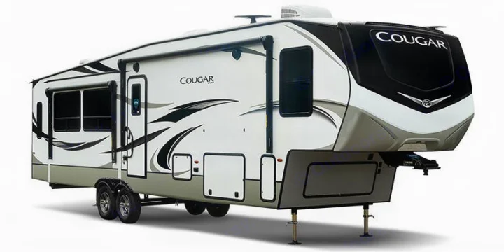 Spacious white & grey Cougar fifth-wheel RV, ideal for an rv rental. Ready for adventure, travel, & family camping.. Keystone Cougar 2021