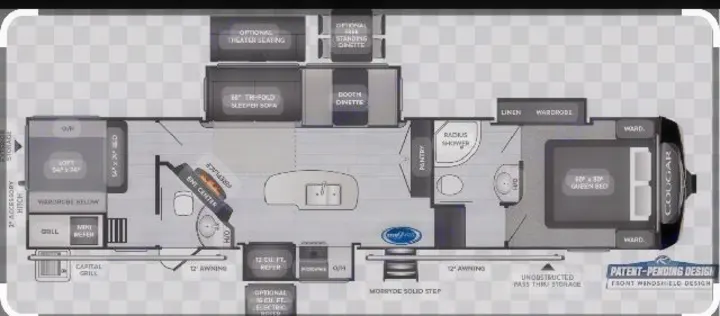 Detailed RV floor plan showing interior layout with master bedroom, loft, and kitchen, useful for rv rental planning.. Keystone Cougar 2021